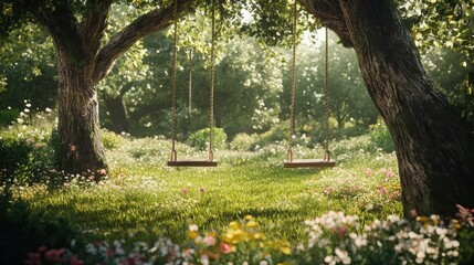 Fototapeta premium Wooden swings hang between two trees in a blooming garden