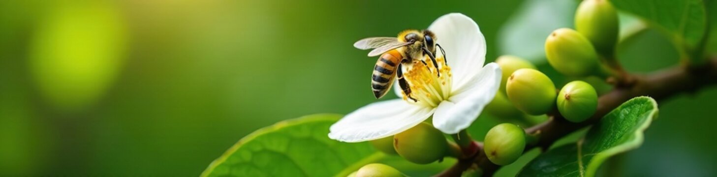 Yellow bee collecting nectar from Robusta coffee blossom on tree branch, green leaves, white stamens, bees