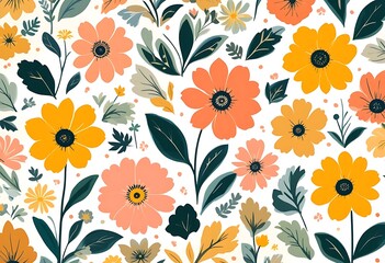 Stylized floral pattern with orange, yellow and green on a white background