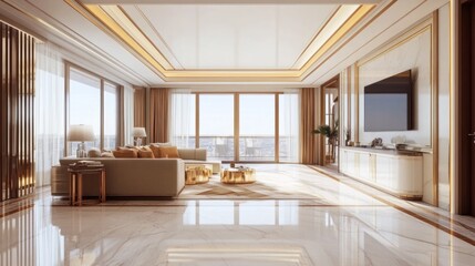 Modern living room with large windows, elegant furniture, and a bright atmosphere.