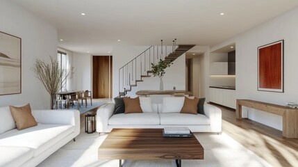 Modern living room with minimalist design, natural light, and cozy furnishings.