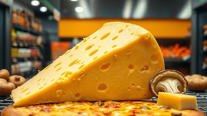 vertical frame mushroom cheese home baked pizza crunchy crest golden yellow orange tint still life metal oven grid modern gray kitchen counter, cheese, crunchy, still life