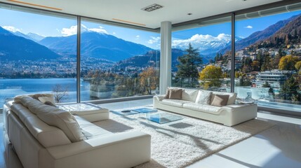 Fototapeta premium Modern living room with panoramic mountain and lake view, designed for relaxation and comfort.