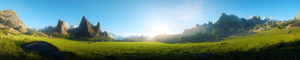 Fototapeta premium Breathtaking panoramic view of a lush green valley surrounded by majestic mountains under a clear blue sky, with the sun rising over the horizon, creating a serene and picturesque natural landscape.