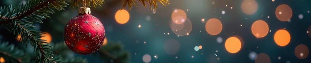 Red bauble on a branch with snowflakes around it, Sparkling lights, Festive colors