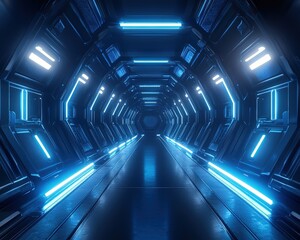 Futuristic tunnel vision with blue light on walls for industrial or technological application