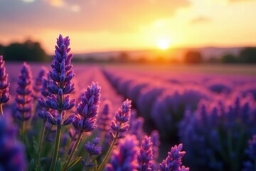 Obraz premium Soft lavender fields bathed in warm sunset light, lavender, field