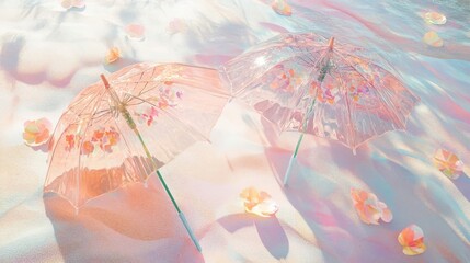 Pastel Umbrellas Resting on a Floral Beach Scene