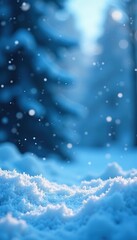 Blue snowflakes fall gently in a winter wonderland scene, serene ambiance, frozen landscape