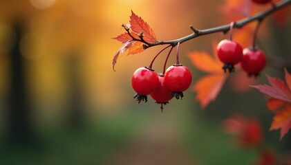 Obraz premium Red berries hang from curved rowan branch like lanterns, fall season, autumn, nature