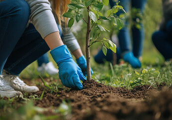 Fototapeta premium A close-up view of young volunteers planting saplings while wearing blue gloves. The focus is on vibrant green leaves and rich soil, symbolizing new beginnings, restoration, and environmental care.