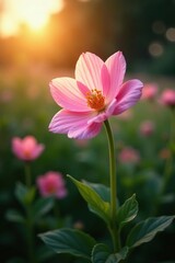 Fototapeta premium Delicate pink flower with soft glowing petals in a lush garden at dawn, botanical, pastel, soft focus