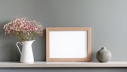 Vintageinspired blank landscape picture frame mockup adorning a rustic wooden shelf, brimming with the charm of floral blooms and offering ample space for creative vision, invoking