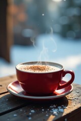 Wooden tabletop with a bowl of steaming hot cocoa, steaming, wooden tabletop, snowy