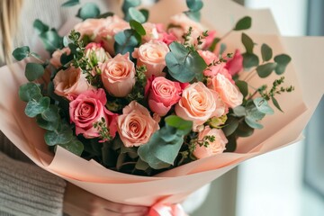 Woman holding peach roses bouquet, indoors, near window, gift
