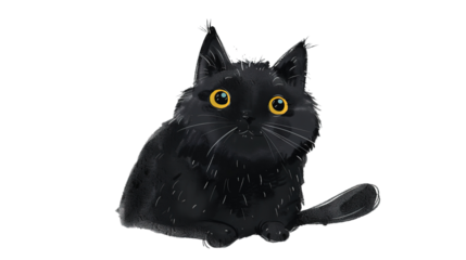 Cute Black Cat Cartoon Illustration on Transparent PNG. Fluffy, Silhouette, Friendly, Creative, Stylish, Expressive, Vector
