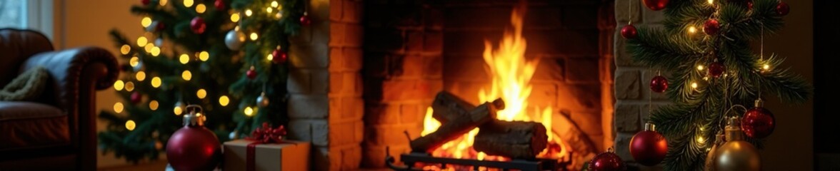 Festive garland adorns the mantel around a roaring fireplace, fireplace, green