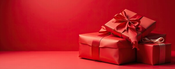 Wrapping paper with elegant Christmas presents under sunlight, red background, shiny
