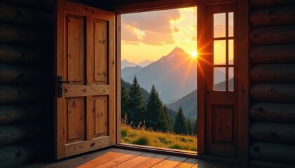 Wooden door with window open to reveal a mountain landscape at sunrise, hut, trees, mountain