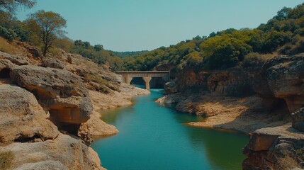 Scenic River Landscape with Bridge Surrounded by Rocky Terrain and Lush Vegetation