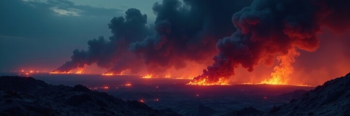 Dark smoke with glowing embers in the distance, intense, light