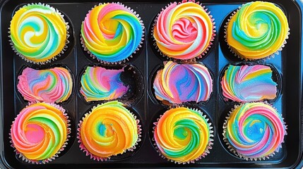Obraz premium Colorful Swirl Cupcakes in a Tray, Festive and Delicious Treats