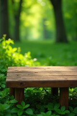 Naklejka premium Wooden table on serene green environment with wood scent, scent, table, wood