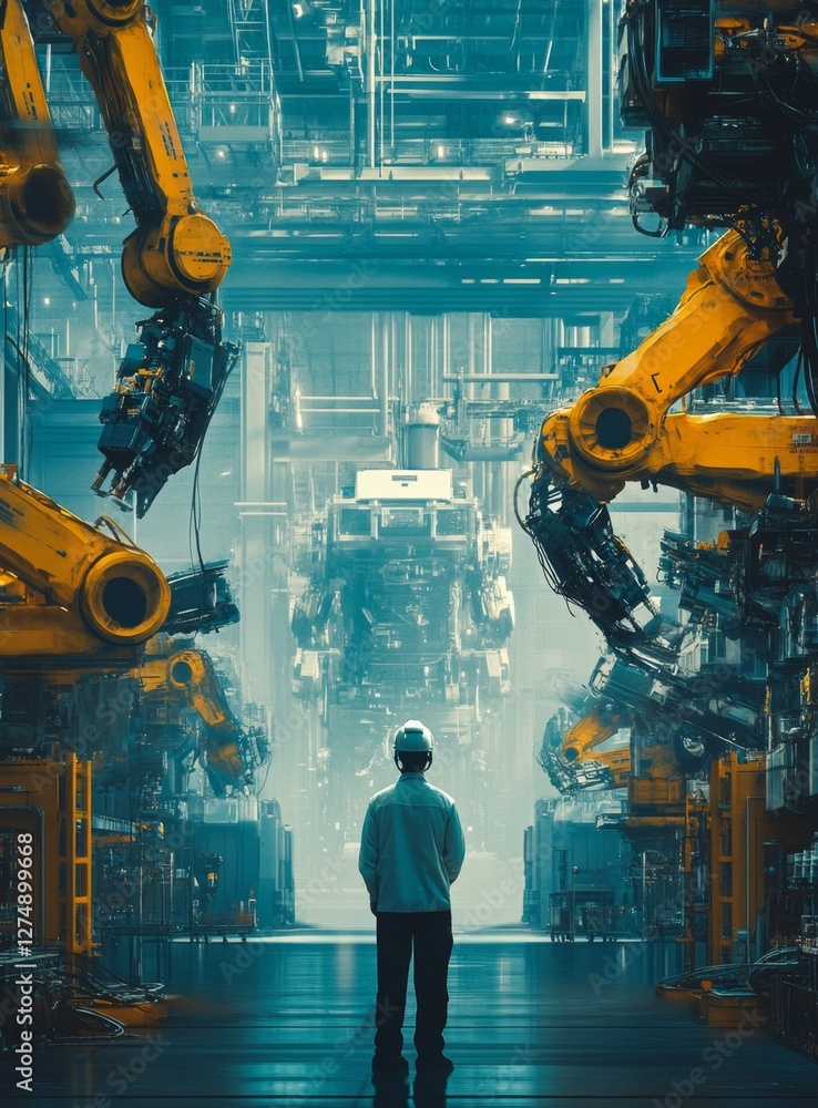 Poster factory worker observing robotic assembly line