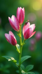 Naklejka premium Delicate petals unfurl from twin flower stems, greenery, flowers, tiny