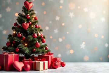 Red heart Christmas tree with sparkling ornaments, present wrapping paper, holiday season, red heart decorations