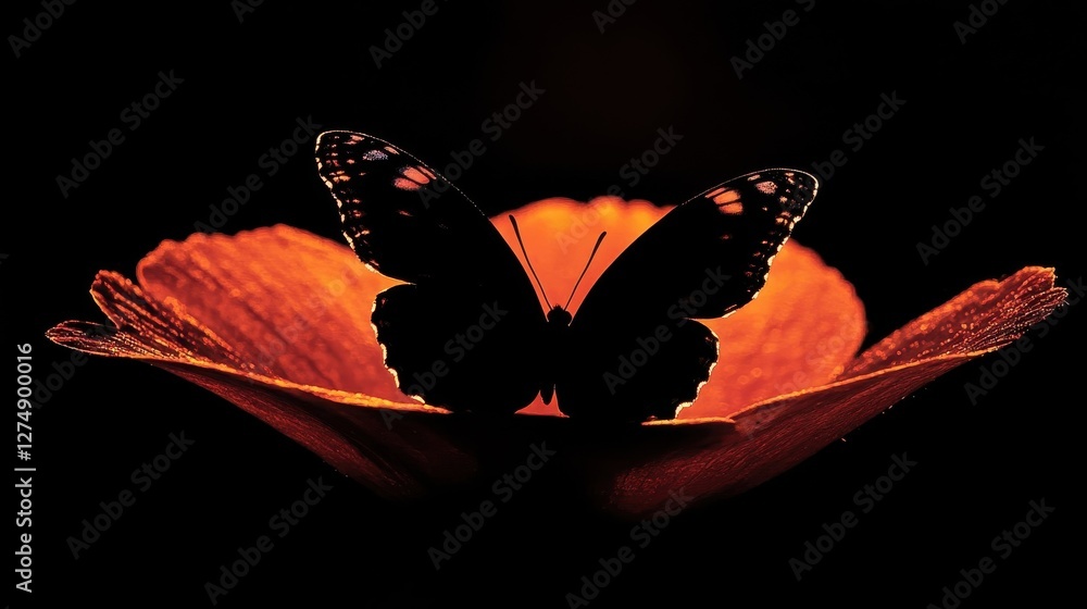 Canvas Prints Silhouette Butterfly on a Glowing Orange Flower