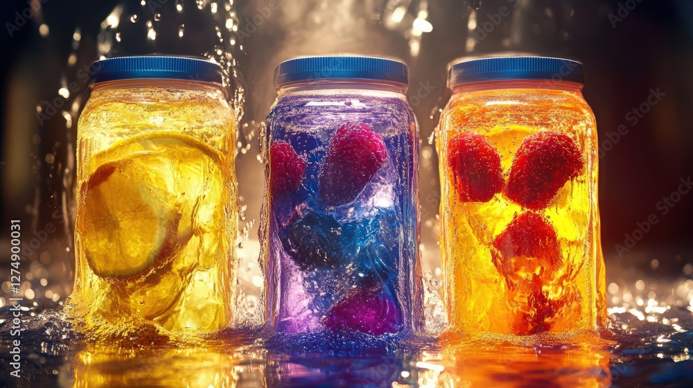 Poster vibrant jars filled with fruits submerged in sparkling water, creating a refreshing atmosphere