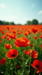 Fototapeta premium Field of bright red poppy flowers swaying gently in the breeze, meadow, nature