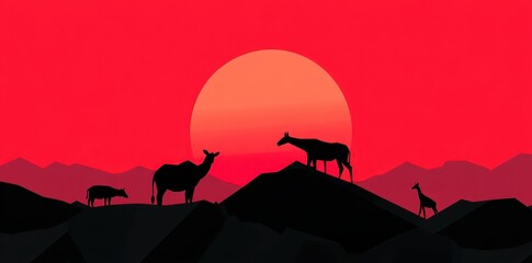 Silhouette of animals standing in a desert landscape at sunset