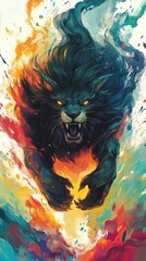Illustration depicts an angry black lion amidst colorful energy