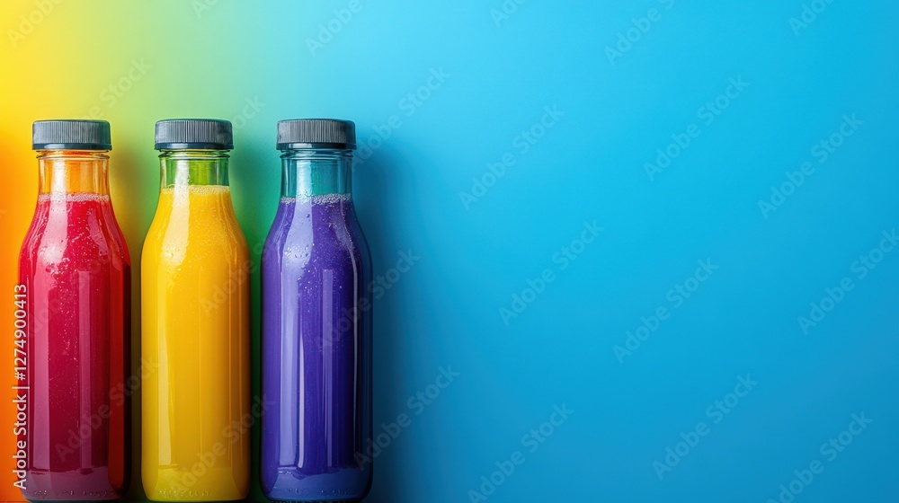 Poster three colorful juice bottles arranged in a row against a vibrant gradient background
