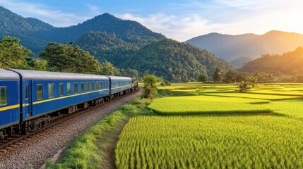 Scenic Train Journey Through Lush Green Rice Fields and Majestic Mountains at Sunset