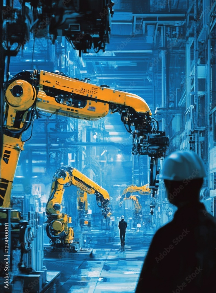 Poster factory worker observing robotic arms in automated production
