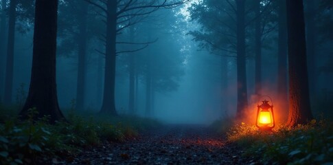 Lantern-lit forest clearing with mist rising from the ground, mist, mystical, eerie