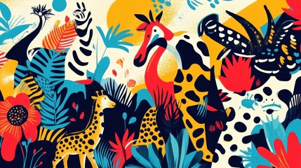 Abstract whimsical jungle animals with bright colors are beautifully displayed