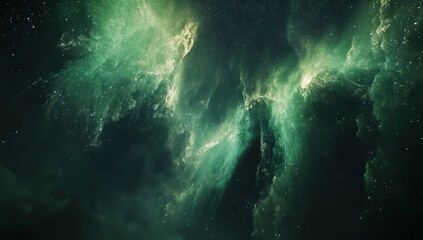 Emerald nebula space scene; cosmic dust swirls; starfield background; science fiction backdrop