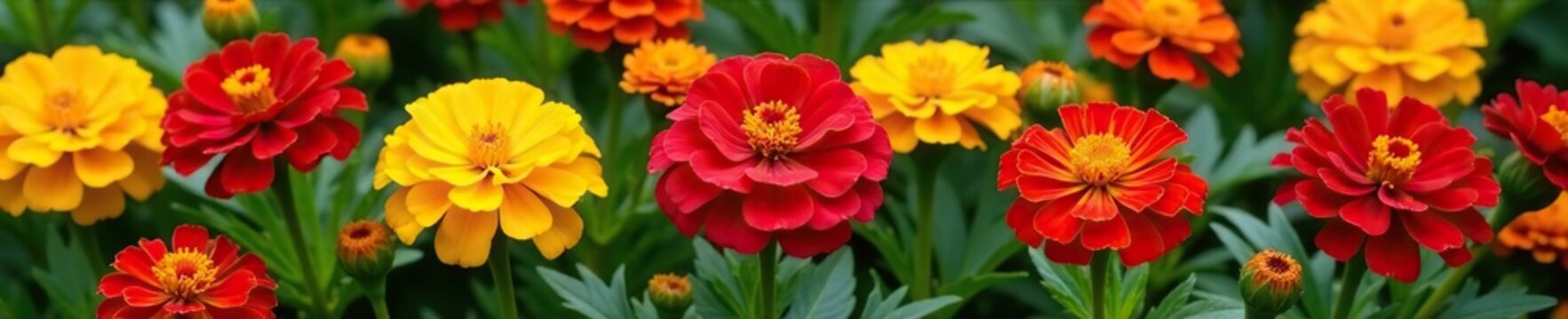 Red Iresine herbstii foliage against yellow marigolds, Gelendzhik, marigolds, embankment