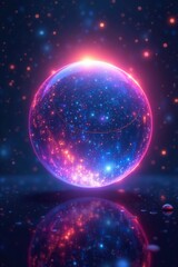 Iridescent colors swirl around a glowing sphere, luminous, cosmic, futuristic