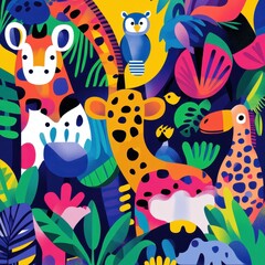 Colorful cartoon jungle illustration with various animals and plants