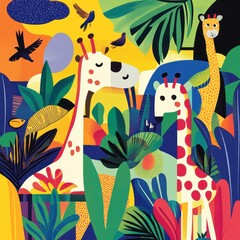 Giraffes stand amidst lush vibrant foliage and soaring birds
