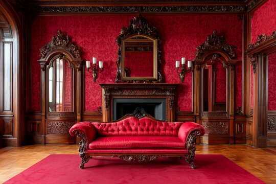 Fototapeta Elegant Antique Parlor with Rich Red Damask Wallpaper and Furniture
