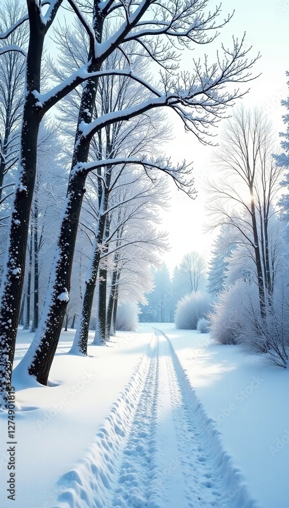 Wall mural Snowy winter landscape with bare trees and empty space, white, serene