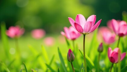 Fototapeta premium Soft petals of pink flowers sway gently in the breeze amidst lush green grass, greenery, morning