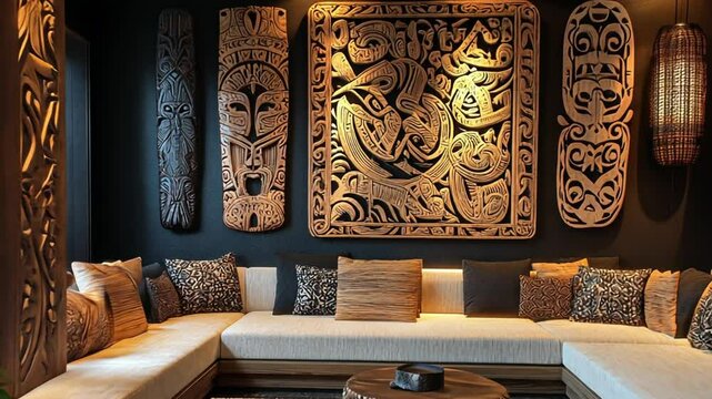 Polynesian-Inspired Interior Design: A Luxurious Living Room with Intricate Carvings