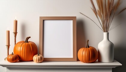 Cozy Autumn Mantelpiece Arrangement PumpkinAdorned Photo Frame and Reed Diffuser Against a Warm Wall Backdrop at Twilight